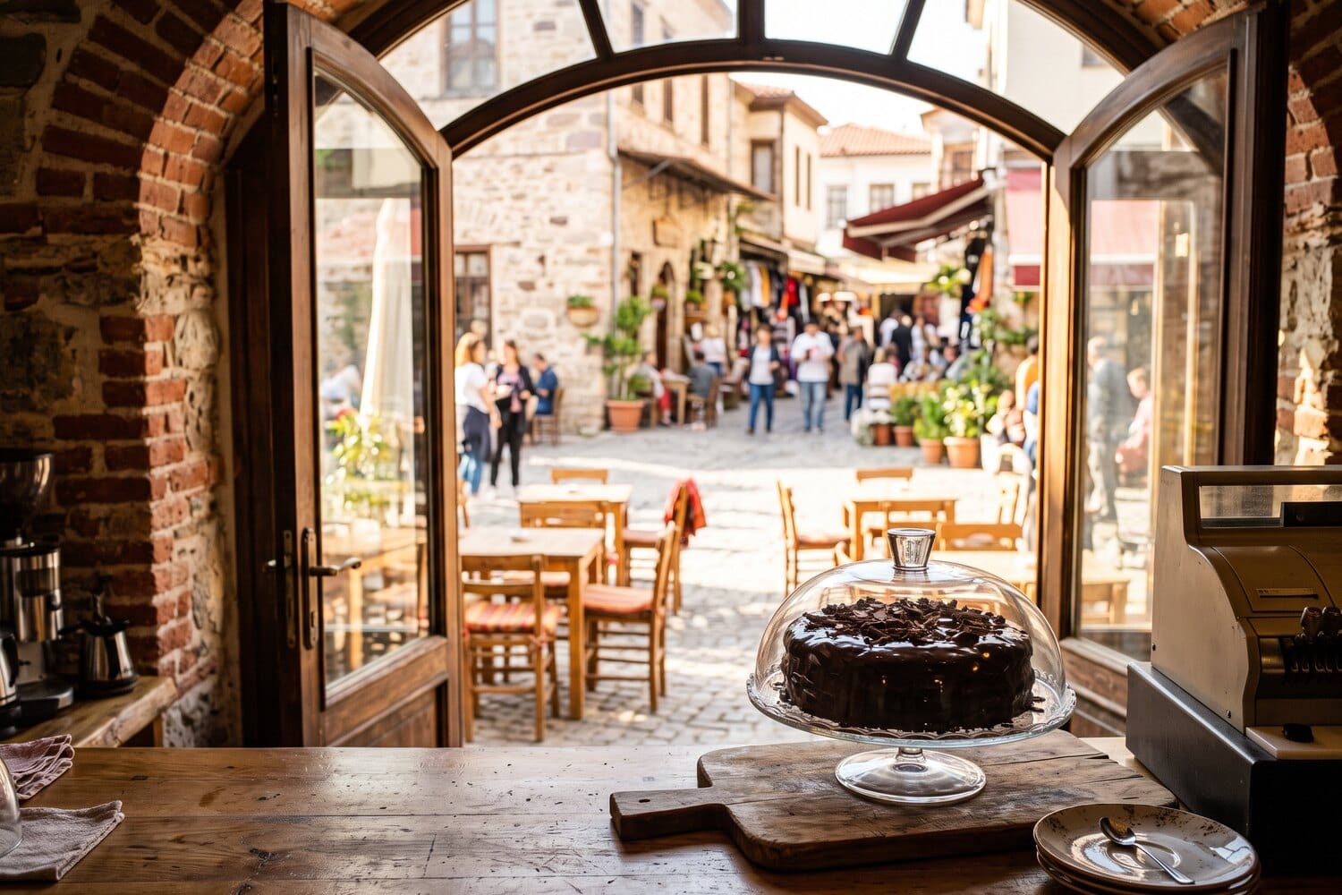The view from inside Kervan Cafe out onto Red Lion Square, with outdoor tables