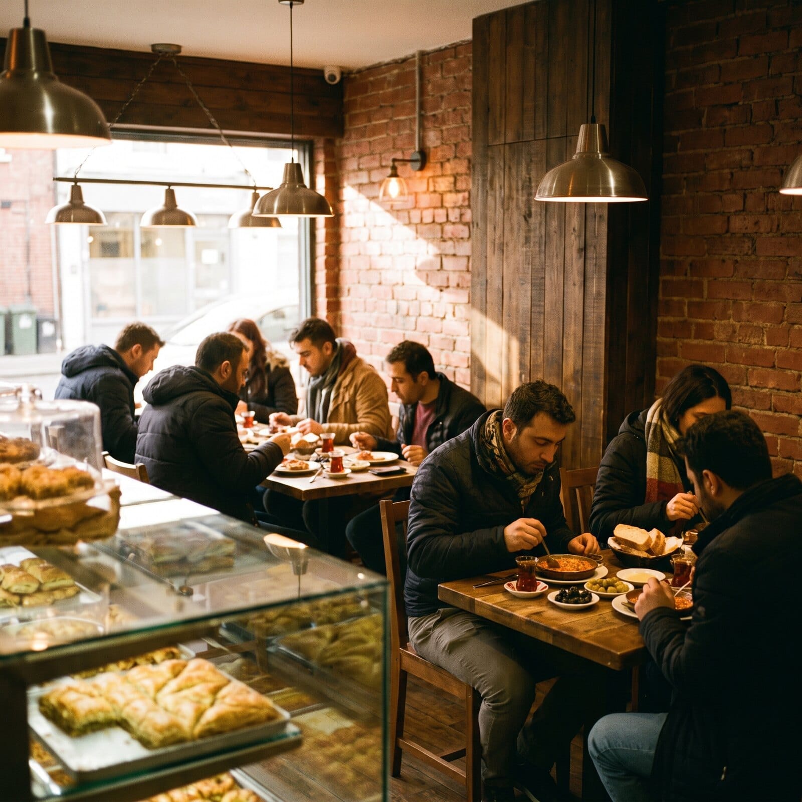 Inside Kervan Cafe on Red Lion Square: brick walls, pendant lights and full tables at breakfast