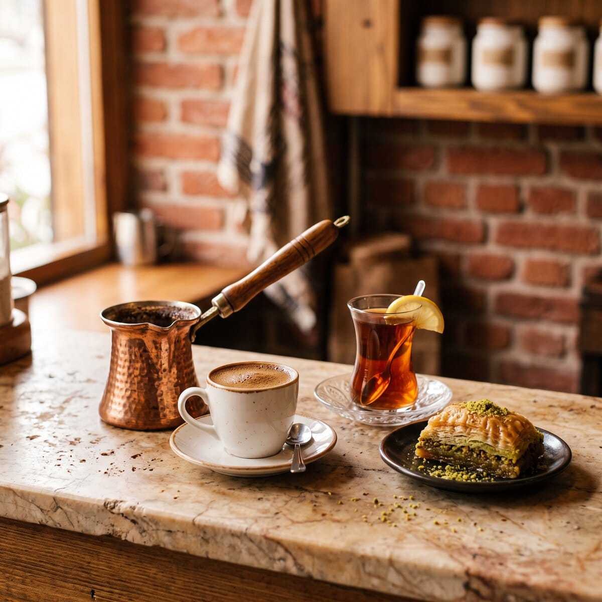 Turkish coffee, tea and pistachio baklava at Kervan Cafe